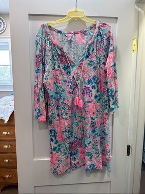 Lilly Pulitzer Pink & Aqua Floral Tassel Tunic